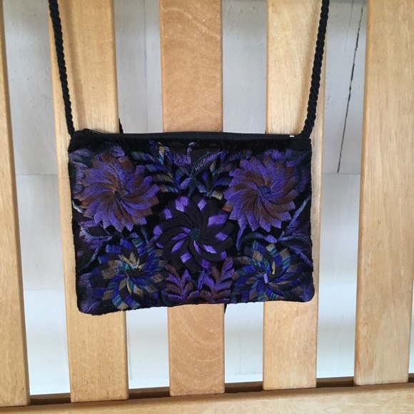 Embroidered purple floral black crossbody purse - Picture 3 of 8